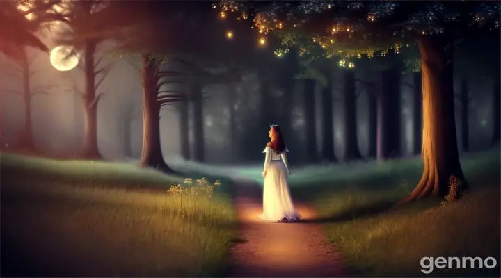 One night, in the enchanted forest, under the light of a full moon, Princess Elara wandered alone.
