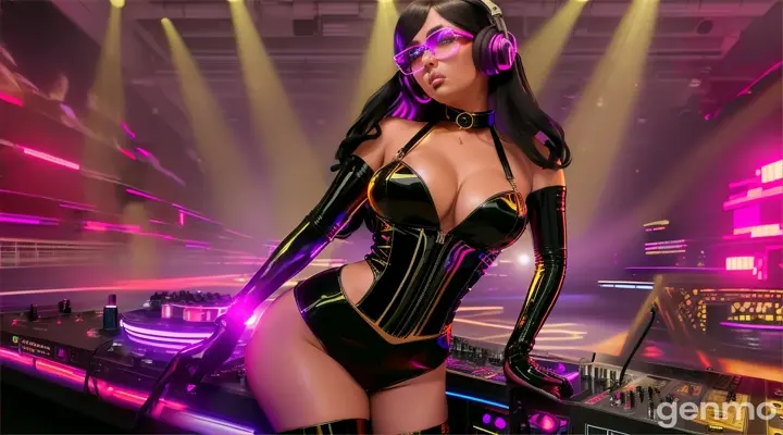 A slender woman with shapely hips and a larger-than-usual bust, wearing steampunk glasses, shiny headphones and a low-cut latex swimsuit, dances near a DJ mixing console and an electric piano in a club. Minimal clothing. Laser beams of bright colors against the backdrop of large television screens.