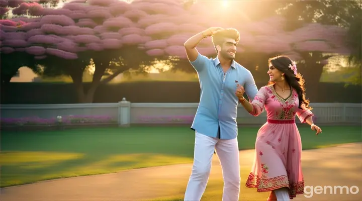 8k wide shot – A handsome Pakistani man wearing a white button-up shirt with rolled-up sleeves and light blue jeans is freestyle dancing with a beautiful Pakistani woman in a flowing pink dress with floral embroidery. The setting is a vibrant park at sunset, with green trees and a golden sky. Both are spinning and laughing, surrounded by blooming flowers and soft evening light.