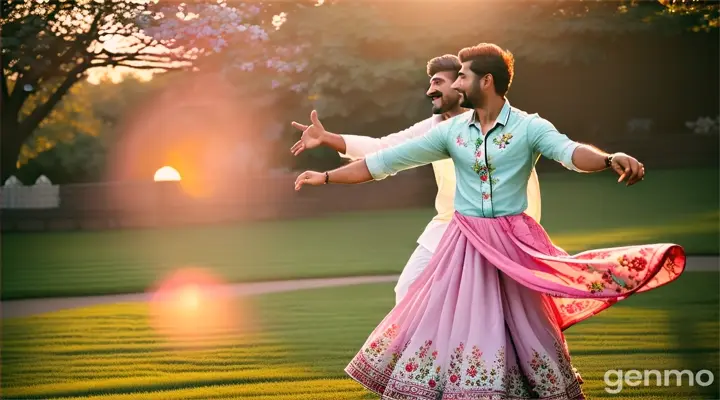 8k wide shot – A handsome Pakistani man wearing a white button-up shirt with rolled-up sleeves and light blue jeans is freestyle dancing with a beautiful Pakistani woman in a flowing pink dress with floral embroidery. The setting is a vibrant park at sunset, with green trees and a golden sky. Both are spinning and laughing, surrounded by blooming flowers and soft evening light.