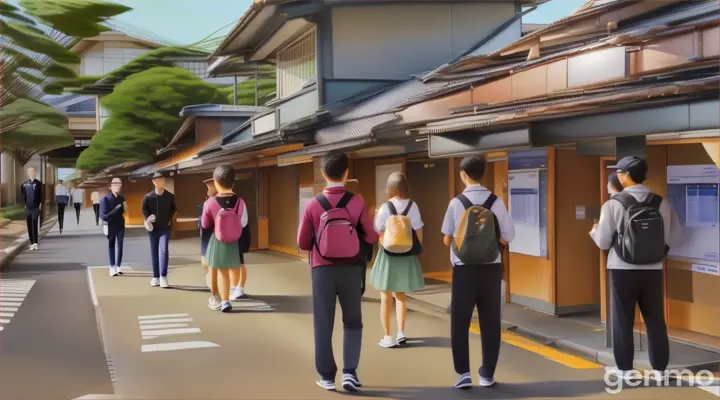 a group of people walking down a street next to a building