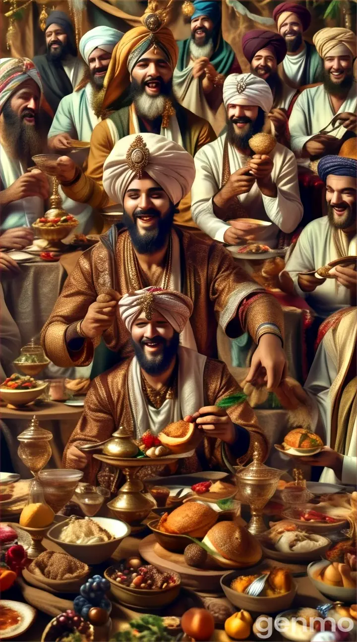 GRUPO DE HOMENS COMENDO ARREDOR DE UMA MESA CHEIA DE COMIDAS E BEBEODAS, HOMENS COM TURBANTE NA CABEÇA E ROUPAS ESTILO EPOCA DE CRISTO