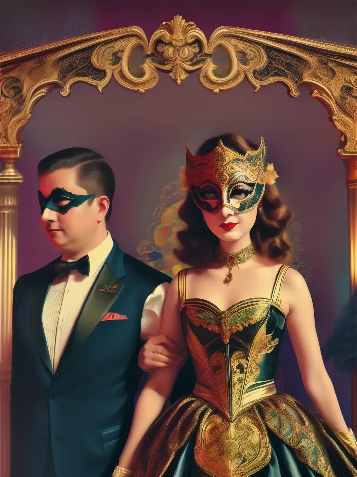  : a masquerade ball, with guests in elaborate costumes and masks, advertising style