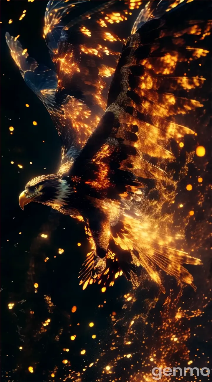 an eagle flying through the air with a lot of sparks