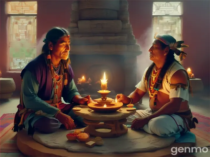 Prompt: "An intimate scene where sages from different indigenous cultures are sharing knowledge. A Maya healer displays medicinal herbs to an Iroquois shaman, while an Inca priest observes, with multicolored textiles and golden artifacts on the table. In the background, there are carved stone symbols representing their worldviews, while a central fire illuminates their faces in an atmosphere of profound wisdom."
