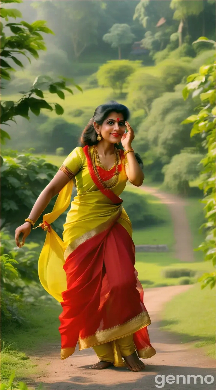 The monkey is wearing light yellow color fancy saree and red color blouse dancing beautifully on the green meadows 