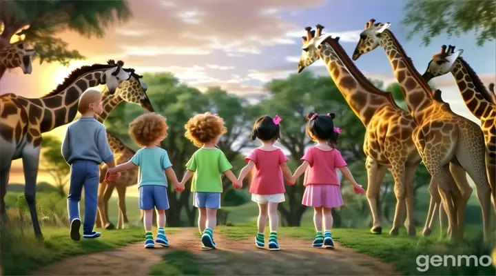 a group of 4 children holding hands in front of a group of giraffes