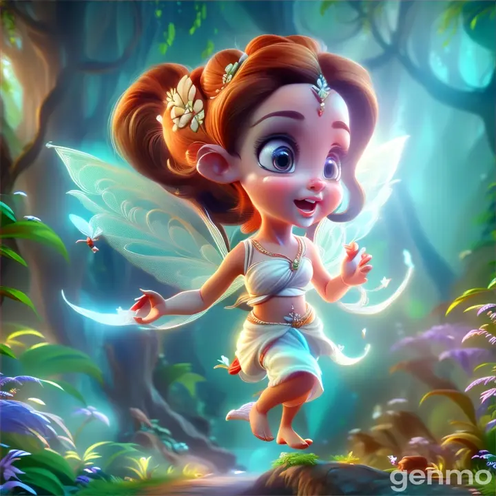 a small beautiful fairy wearing white saree talking while  flying in the jungle with wings 3D cartoon animation 