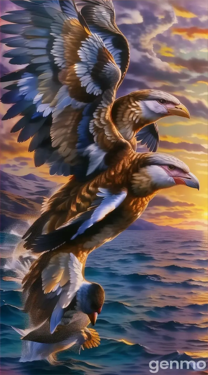 a painting of a bird flying over a body of water