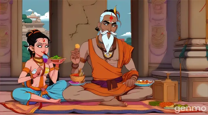 Sadhu in dhoti sitting on floor is eating food given by lady in saree cartoon 