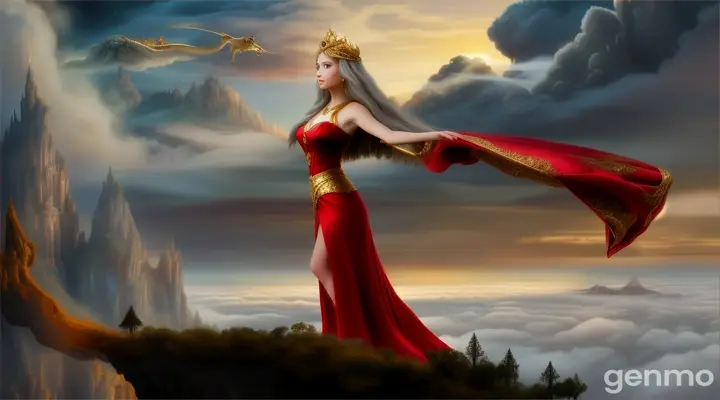 creation of a princess with a grey eyes or gold long hair or red lips wearing red dress     the giant  pick it up and fly in sky  16:9