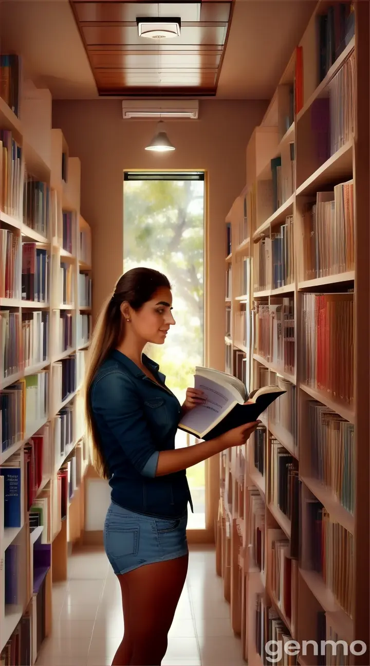 mujer en una biblioteca agarrando unos libros de espalda a la biblioteca en primer plano, a full color en HD relación de aspecto 9 16 