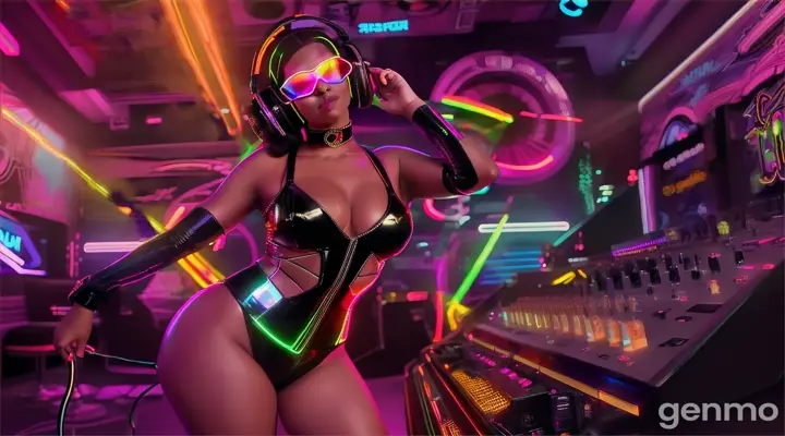 A slender woman with shapely hips and a larger-than-usual bust, wearing steampunk glasses, shiny headphones and a low-cut latex swimsuit, dances near a DJ mixing console and an electric piano in a club. Minimal clothing. Laser beams of bright colors against the backdrop of large television screens.