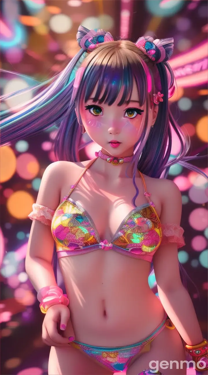 Retro Anime Cartoon, Sweet Little Asian Girl, Tiny clear bikini, Dancing Around in circles, Against a Retro Anime Background,