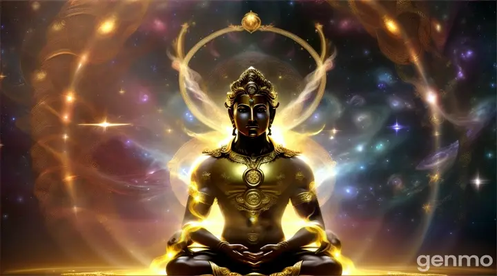 God concept with front view cosmic entity sitting in lotus pose against void, golden halo behind his head stars draped as cloth, spiraling universe between his hands