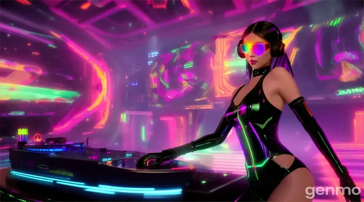 A slender woman with shapely hips and a larger-than-usual bust, wearing steampunk glasses, shiny headphones and a low-cut latex swimsuit, dances near a DJ mixing console and an electric piano in a club. Minimal clothing. Laser beams of bright colors against the backdrop of large television screens.