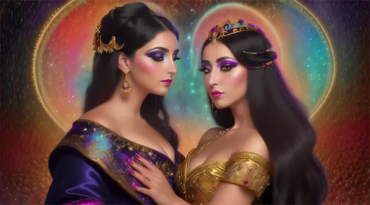 Mujeres bellas españolas look opulento y elegante. Background galaxy nebulosa y fuegos artificiales...