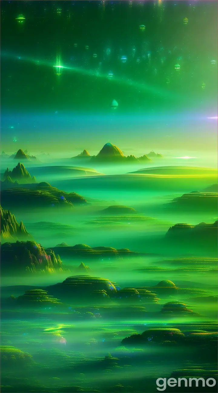 A serene and mystical landscape of a futuristic planet with a glowing, iridescent atmosphere, dominated by shades of emerald green and electric blue, with gleaming, crystalline structures piercing through the misty veil, evoking a sense of otherworldly beauty and wonder, as if gazing upon an alien world through a dreamlike haze.