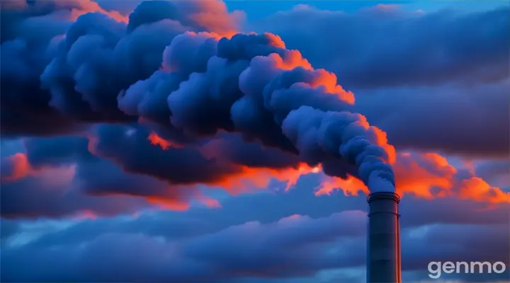 a smokestack emits from a factory at sunset