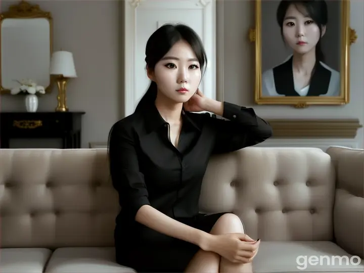 a korean rich 30 years old a girl she is in house and she is serious and she is wearing black shirt and she is sitting on sofa