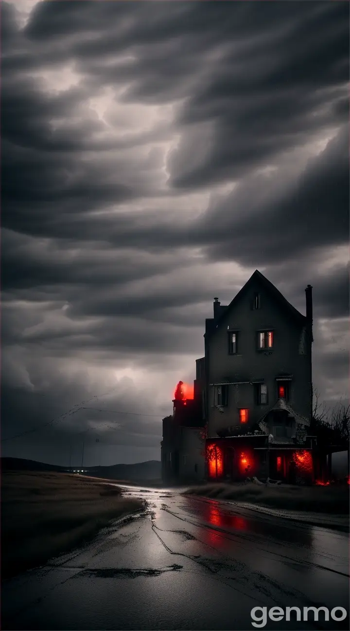 The sky is filled with ominous clouds, with lightning cutting through the darkness. Rain mixes with ghostly, severed heads falling from above, creating a surreal and horrifying scene. The village below is drenched, and the empty streets are abandoned as everyone hides inside.