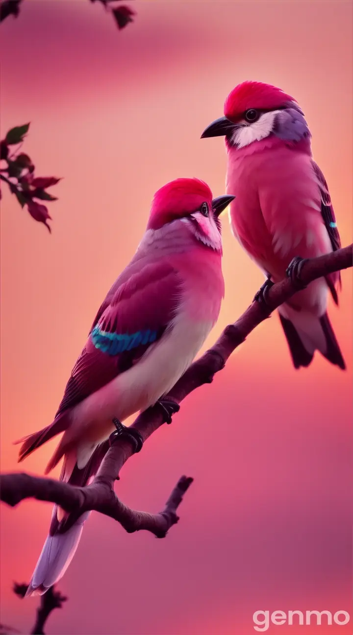 two small couple birds pink sky colour, very small golu molu are sitting on tree opening their mouth and singing song very beautifully, realistic, satisfying, 9:16 ratio