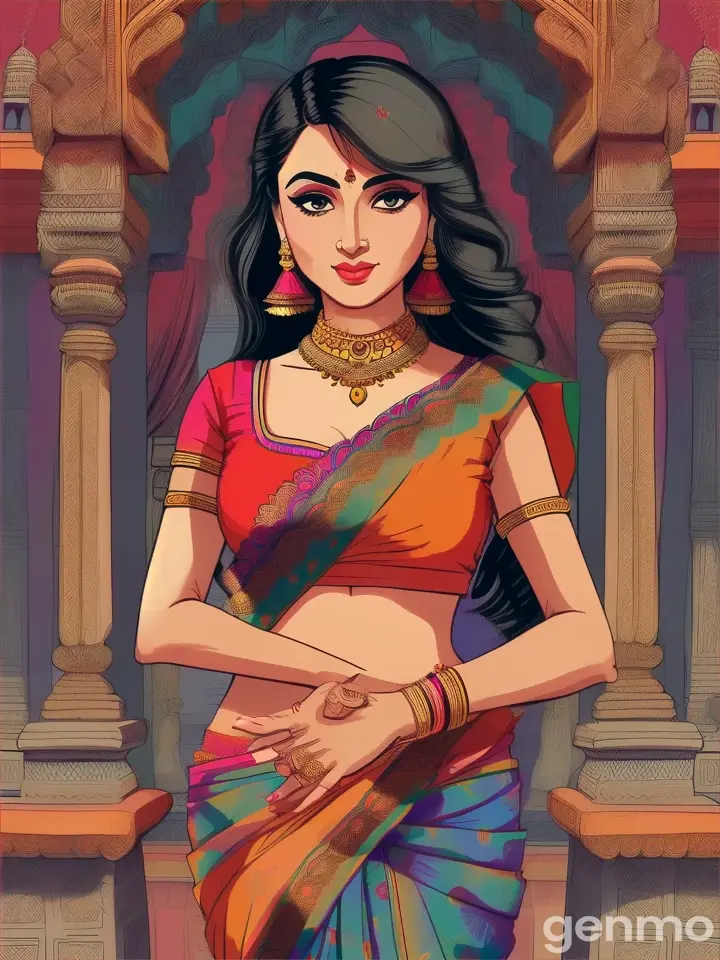 An lady in saree thinking something cartoon 