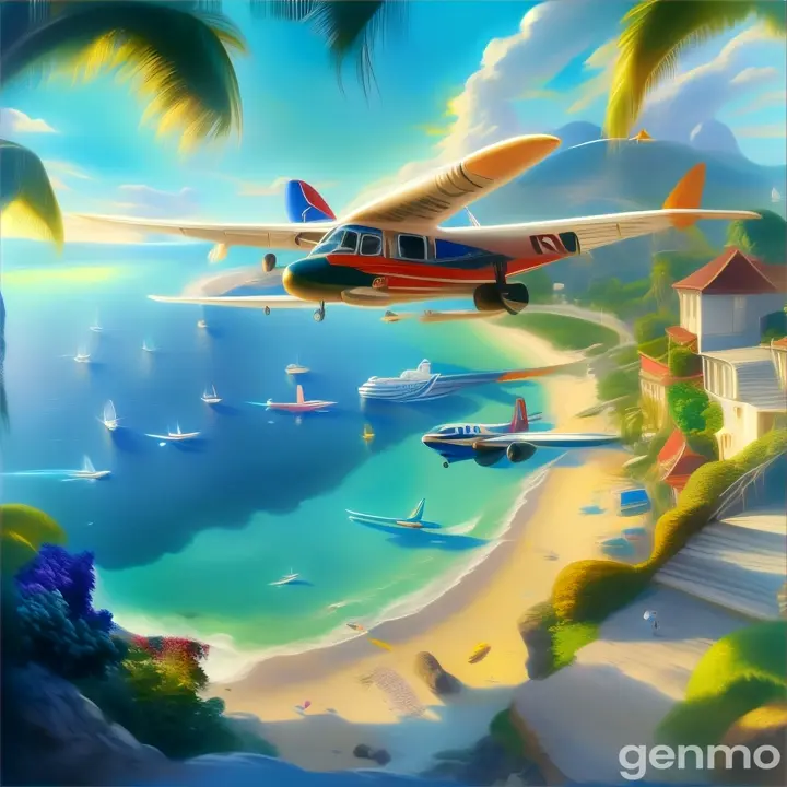 a painting of a plane flying over a beach