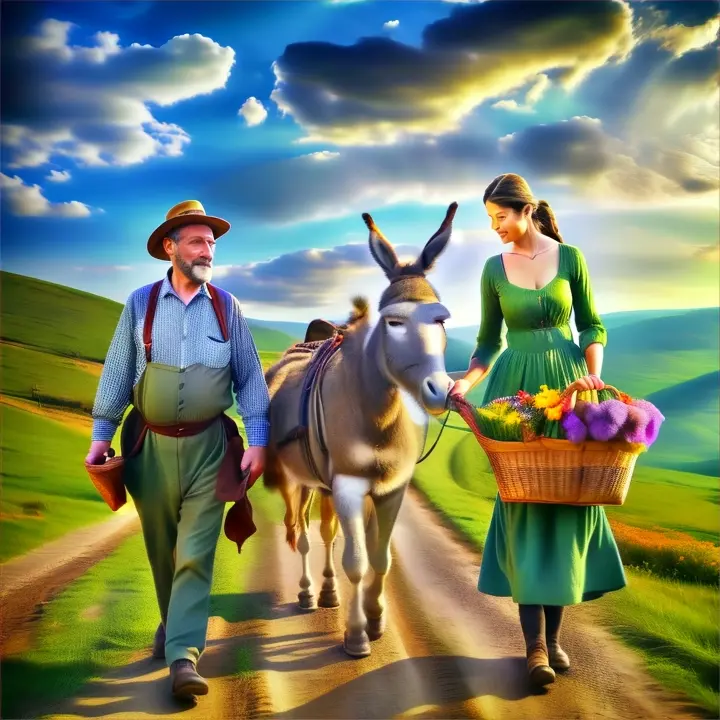 a man and woman walking down a dirt road with a donkey.