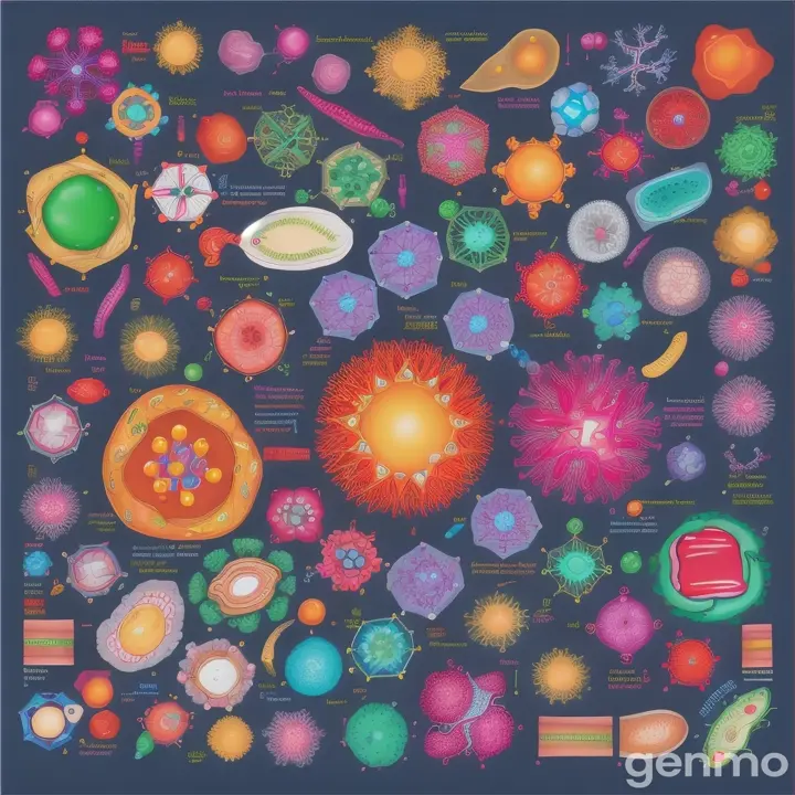  image representing antigens, illustrating various structures such as proteins, polysaccharides, lipids, and nucleic acids, alongside examples of pathogens like bacteria, viruses, and parasites, as well as cancerous cells and allergens.