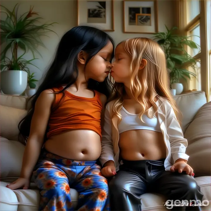 (real-life)(hyperrealistic)(indoor)(side-view) one polynesian toddler girl with long black hair, and a caucasian toddler girl with long blond hair.