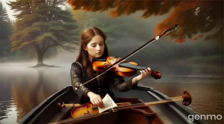 Sultry musician sitting in a rowboat in a haunted river surrounded by mist, playing a celtic melody on her violin