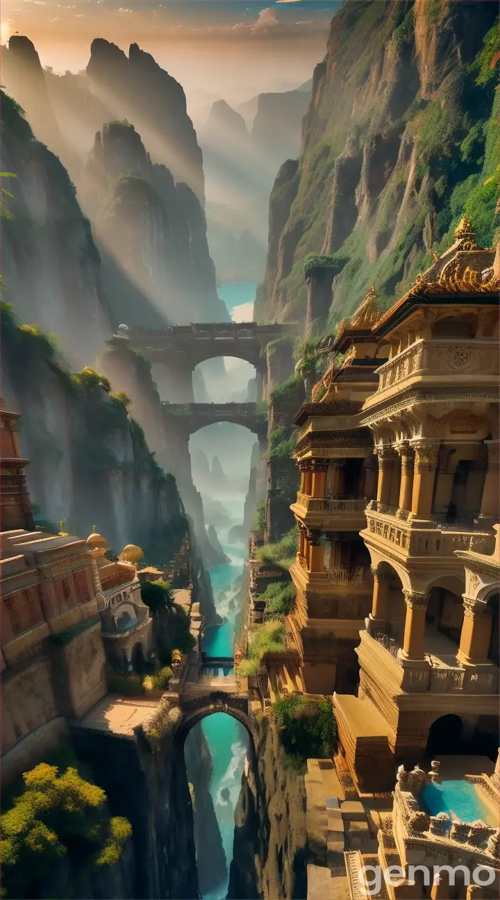 : in a distant past, nestled among tall mountains full of vegetation and by a peaceful river, with stunning waterfalls, climbing plants there was an ancient city climbing on a mountain. show this immense and unique and diverse city