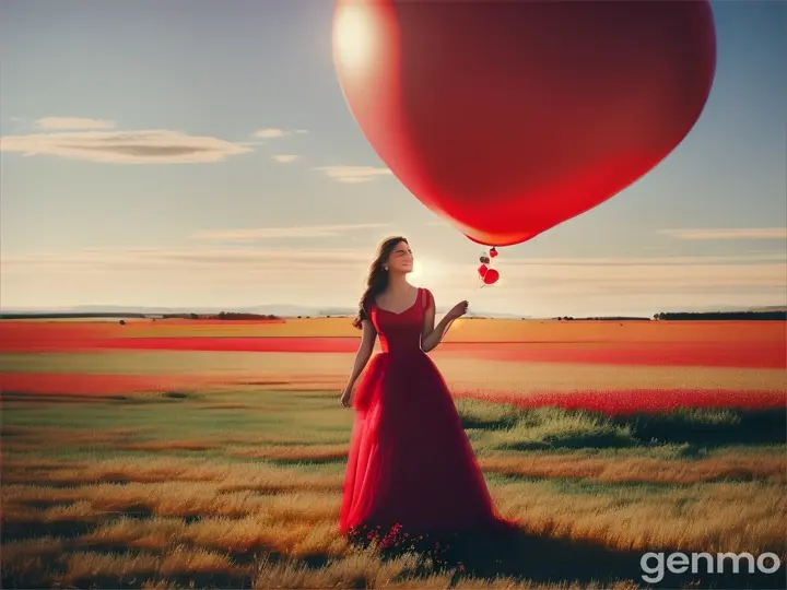 A woman in a red dress, standing in a field with colorful balloons flying away into a clear sky