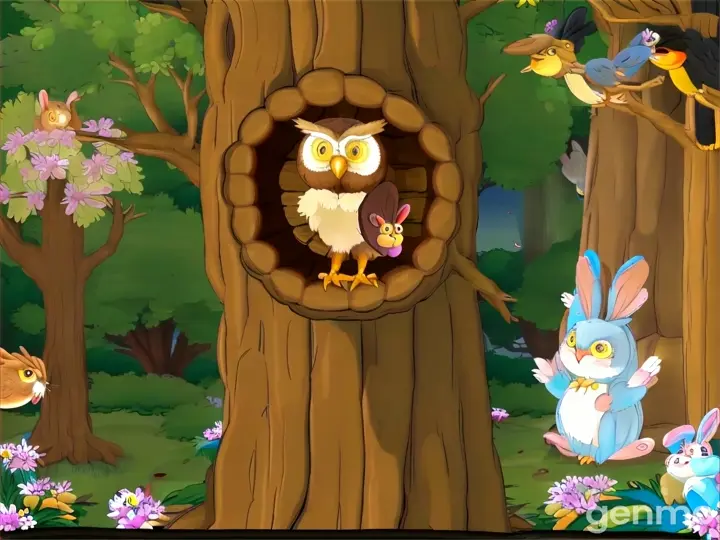 an owl and a rabbit in a tree house