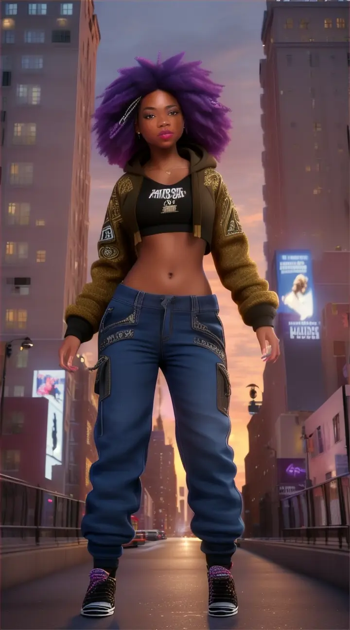 “Create a beautiful 3d New York City with a beautiful 3d afro american female dressed in a winter Urban Hip Hop Hoodie and layered clothing skating down the street at night fully dressed in pants and exposing absolutely no skin, exposing absolutely no cleavage, and exposing absolutely no stomach or abbs.” showing no skin at all” doing the Crip walk hip hop dance” showing no skin at all.