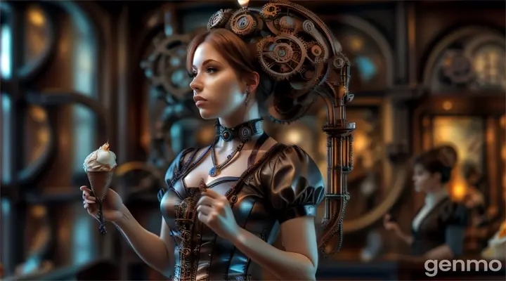 metal art steampunk constructions in a museum. a woman with ice cream in her hand is looking at a construction.