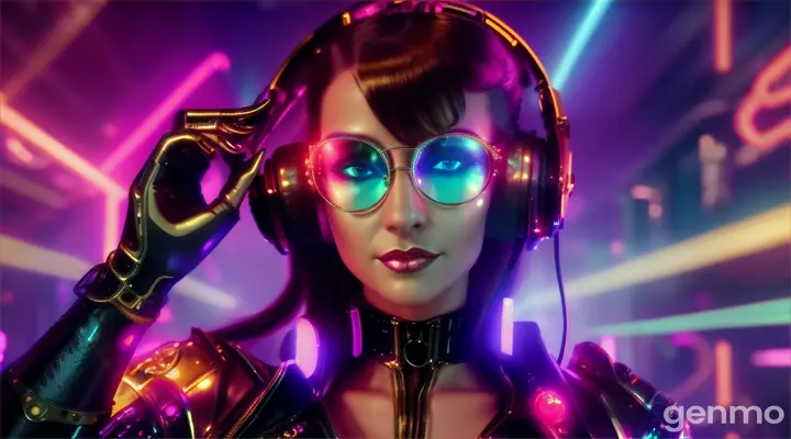 A slender woman with shapely hips and a larger-than-usual bust, wearing steampunk glasses, shiny headphones and a low-cut latex swimsuit, dances near a DJ mixing console and an electric piano in a club. Minimal clothing. Laser beams of bright colors against the backdrop of large television screens.