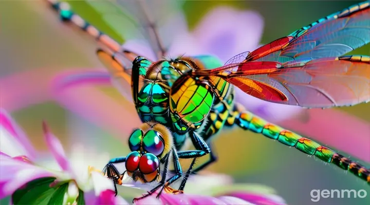 Dragon fly eating mosquito, in a nature background.