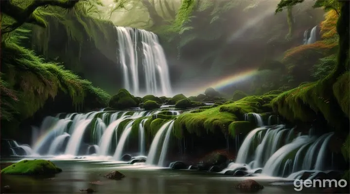 
1. A vibrant waterfall cascading over moss-covered rocks, surrounded by dense, lush greenery and mist that swirls around the base. The sunlight pierces through the canopy, creating a brilliant rainbow in the fine spray, while the sound of the rushing water adds a sense of power and tranquility to the scene.