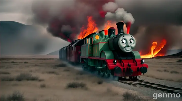 Describe Thomas the Train in a terrifying form. He now has spider legs (priority 4), sharp teeth (priority 3), and a creepy face (priority 2). Place this version of Thomas in the unsettling environment of Zombieland.

Focus on the following elements:

Appearance: Detail the spider legs, sharp teeth, and creepy face with emphasis on their horrifying aspects. Include red smoke and green fire emanating from the spider legs.
Environment: Describe the desolate, eerie landscape of Zombieland.
Atmosphere: Create a chilling, suspenseful mood through vivid descriptions.
Ensure the description is vivid and evokes a sense of dread and horror.