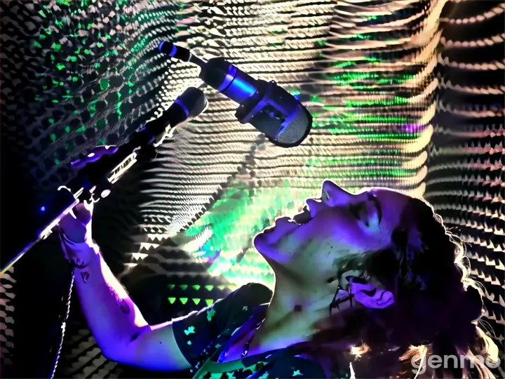 a woman singing into a microphone in a dark room