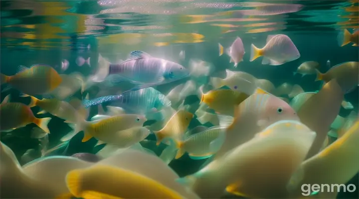 Many species of Pastel translucent Pink, orange, yellow fish with pretty eyes with diamond-like scales floating on a bed of crystals water with opalescent scintillation. photorealistic Midjourney