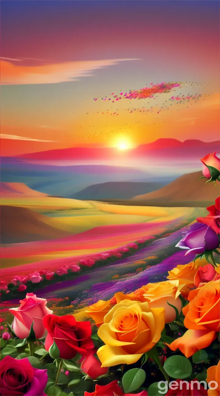 An eye-catching photo of roses with a close-up of a rose in full bloom. A breathtaking sunset landscape with deep crimson red roses and vibrant magenta pink roses in full bloom stretching towards the horizon. Just a little background is the colorful sky and mountains as the sun sets, casting a warm golden glow across the landscape. The sky is a mix of the deep red, orange and pale pink of the sunset, creating a romantic atmosphere, and a flock of small birds are flying around