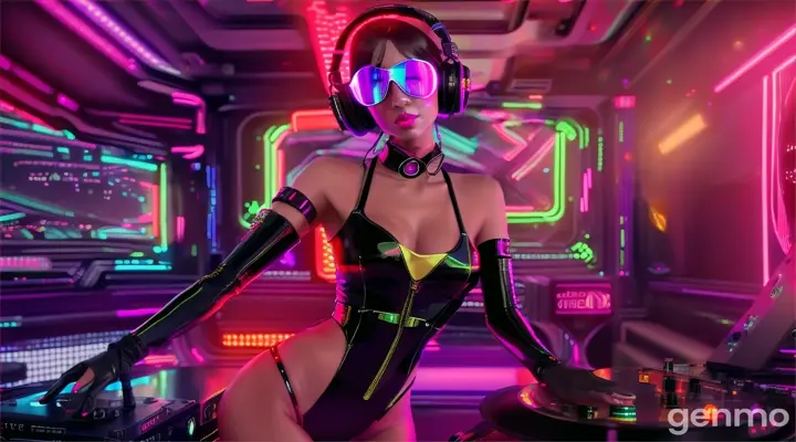 A slender woman with shapely hips and a larger-than-usual bust, wearing steampunk glasses, shiny headphones and a low-cut latex swimsuit, dances near a DJ mixing console and an electric piano in a club. Minimal clothing. Laser beams of bright colors against the backdrop of large television screens.