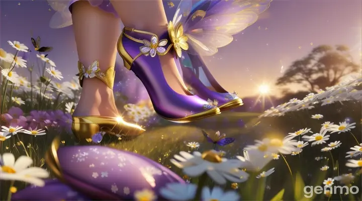 One sunny morning, Mary was walking through the fields of daisies when she stumbled upon a sparkling pair of golden slippers resting on a soft, purple cushion. They weren’t just any shoes—they gleamed in the sunlight and had tiny hearts with wings on the sides. As Mary approached, the shoes glowed even brighter, as if they were waiting for her.
3d animation