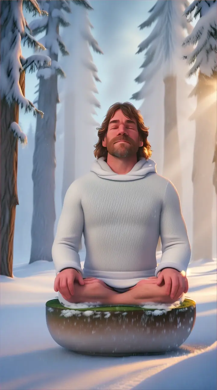  in a snowy forest straight out of a disney animation, depict wim hof in a seated meditation pose, practicing his renowned breathing technique, frost style