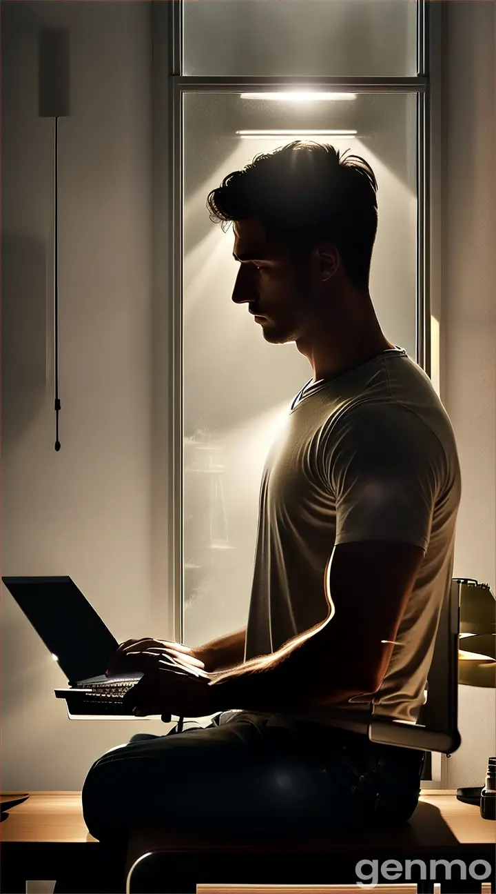 An isolated room at night, lit by the glow of a computer screen. A young man sits at a desk, focused on his work. Outside the window, trees sway violently in the wind under a dark, moonlit sky. The atmosphere feels tense and unsettling, with shadows cast by dim light."

