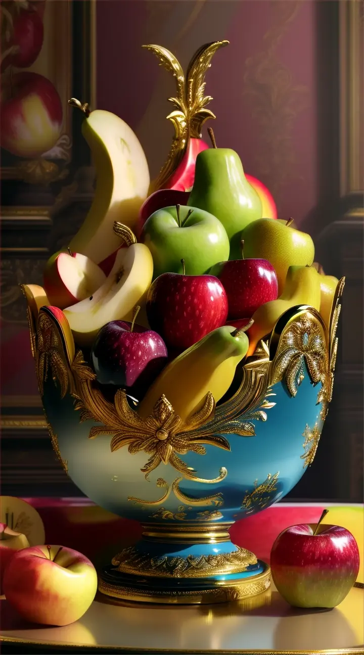 “Create a 3d large high definition apple, pear, and a banana with high def multicolored paint dripping off of the apple” in a opulent luxurious mezmerizing fruit bowl