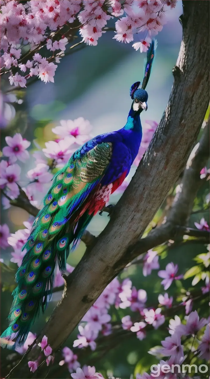 “A peacock like big bird in pinkish red and white combination is sitting on tree and singing song beautifully, the tail is huge and can be seen and closed, 9:16 ratio” the background is greeneries with small blue and purple flowers, full view of the beautiful gorgeous bird
